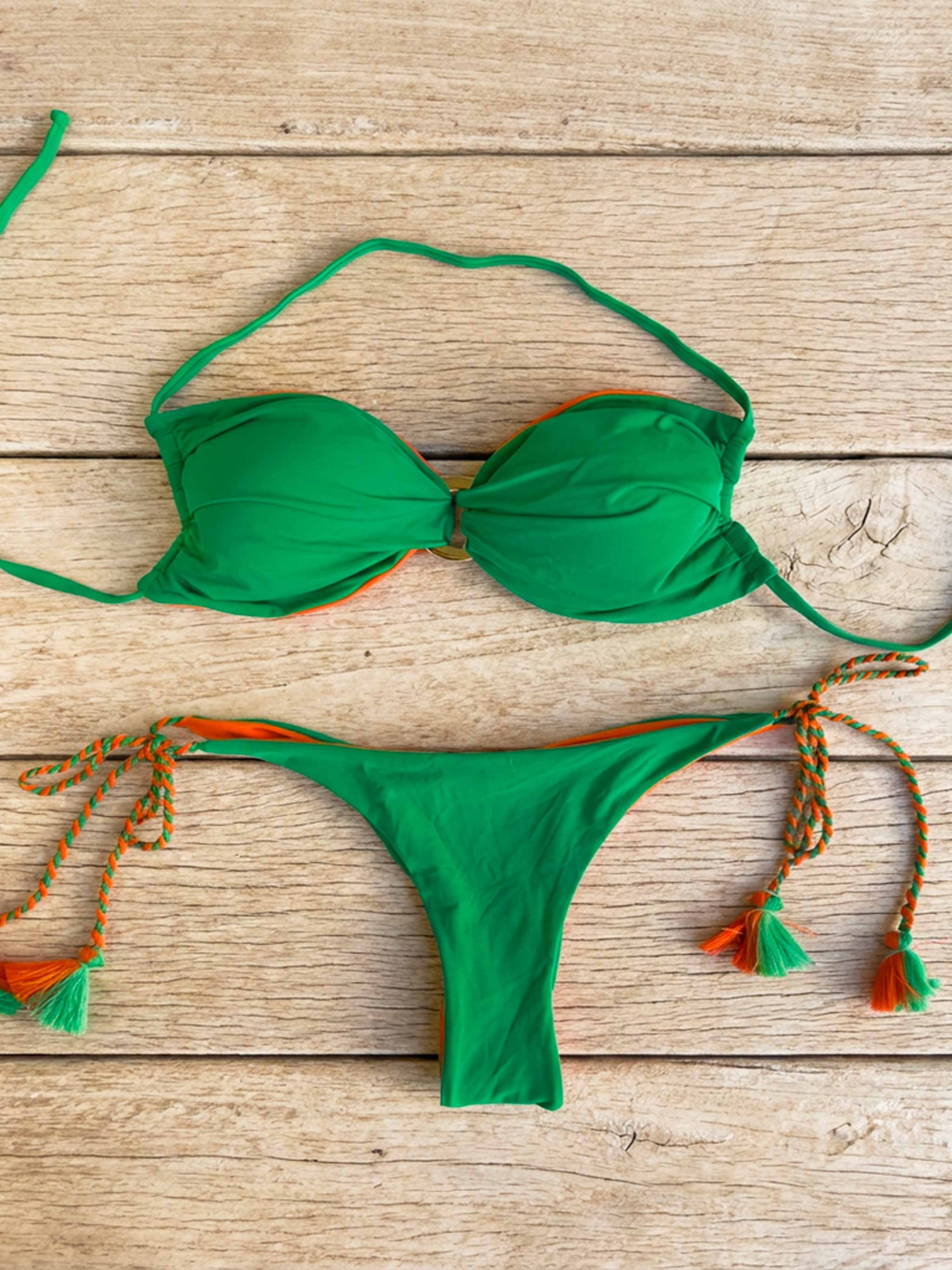 Bikini Strapless con argolla Verde Limón Bicolor Naranja