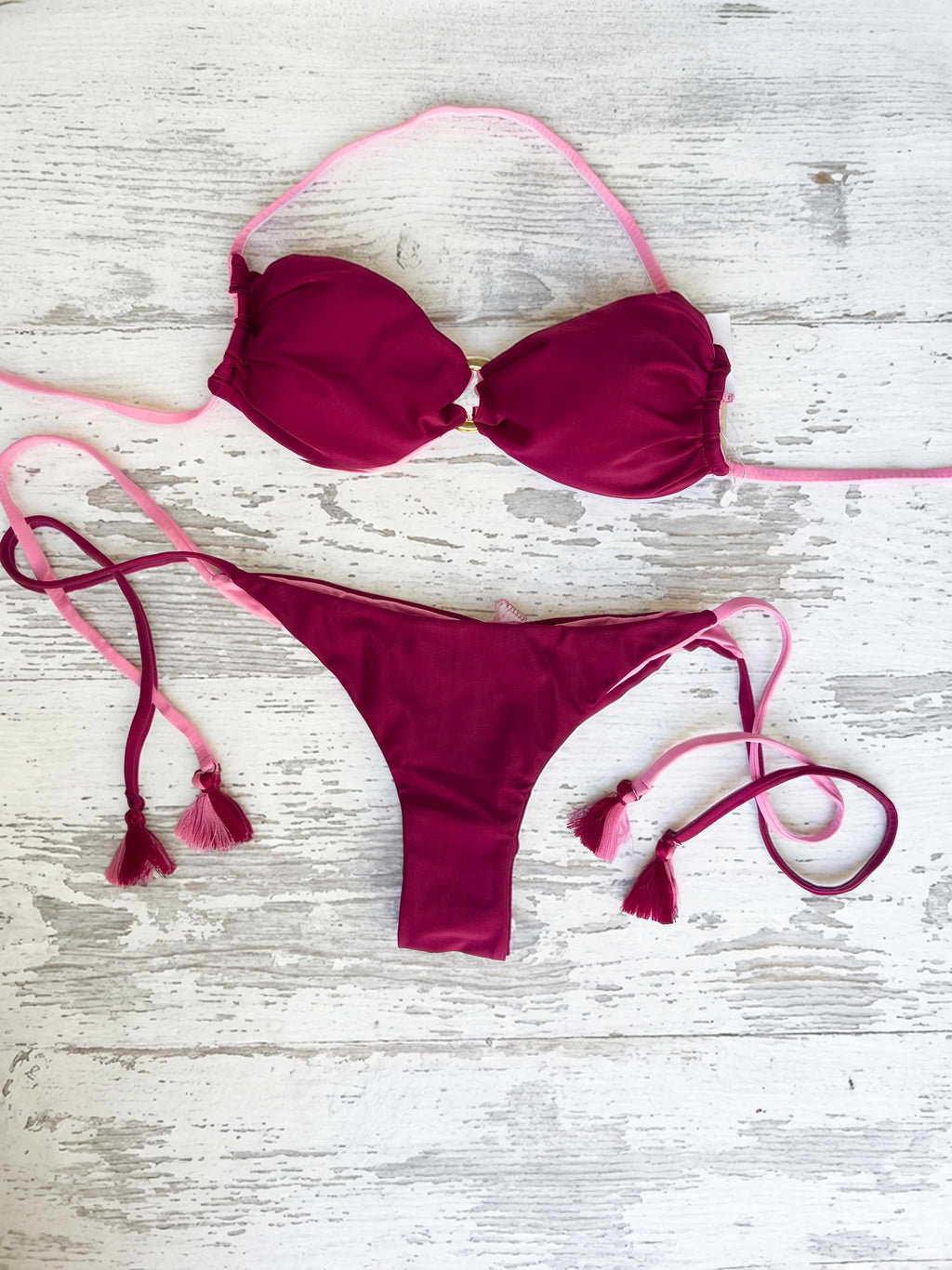 Bikini Strapless Granate Bicolor Rosa